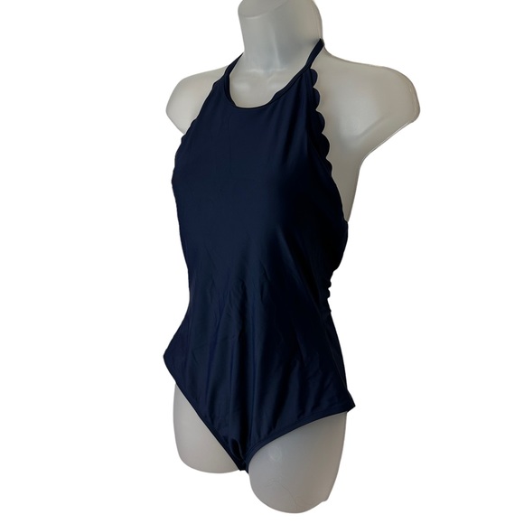 J McLaughlin Bathing Suit  One Piece Scalloped Backless Built in Bra Navy 10 - Picture 4 of 12
